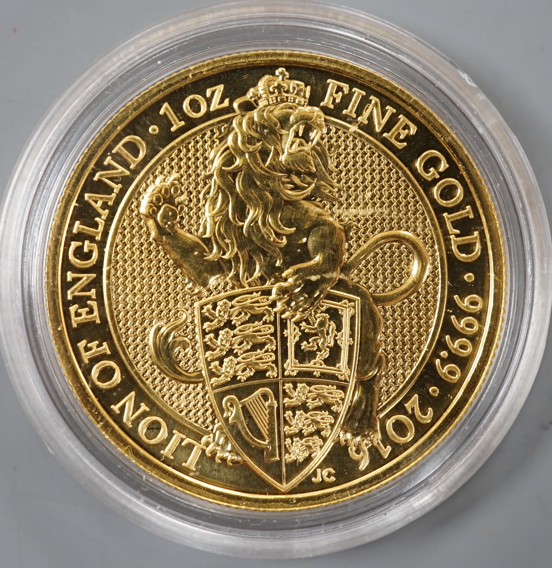 A QEII 2016 1oz. gold Lion of England £100 coin.